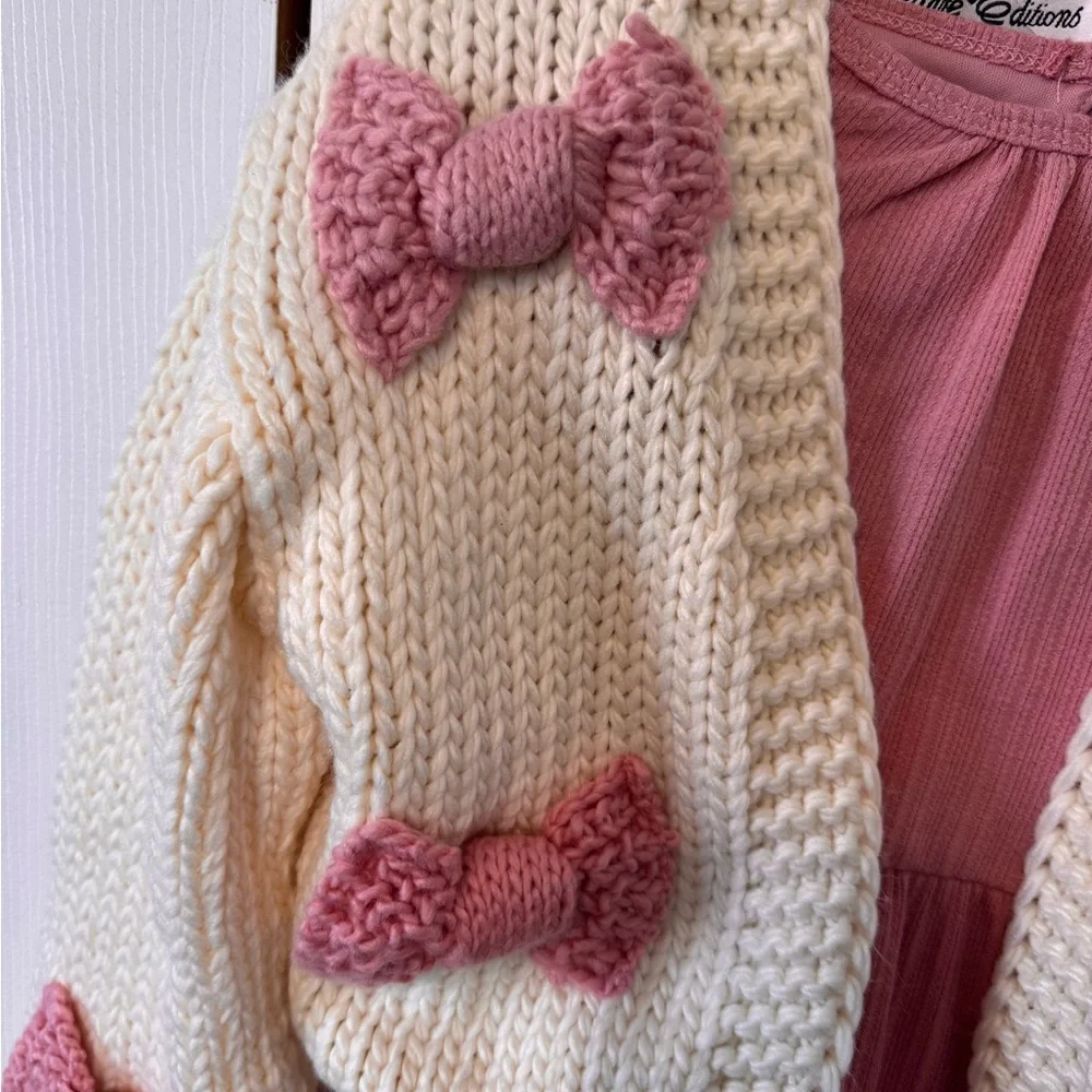 Kids Cream Chucky Cardigan with Pink Bows and Mauve Dress 2Piece Set size 5 NWTS